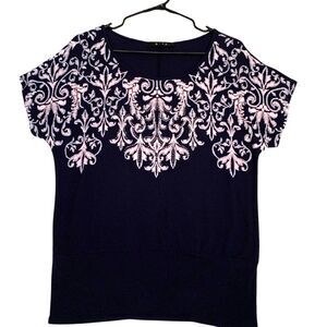 B.L.E.U. Elegant Navy Blue Embroidered Top – Size M